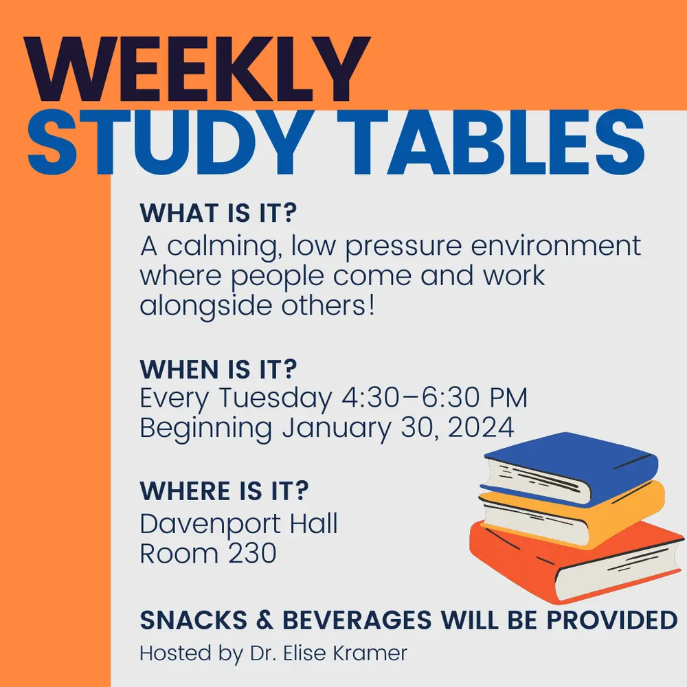 Are you struggling to get your work done? Join other students for our weekly work-in study tables starting tomorrow in Davenport Hall!    Our weekly work-in study tables are hosted by Dr. Elise Kramer with snacks and drinks!